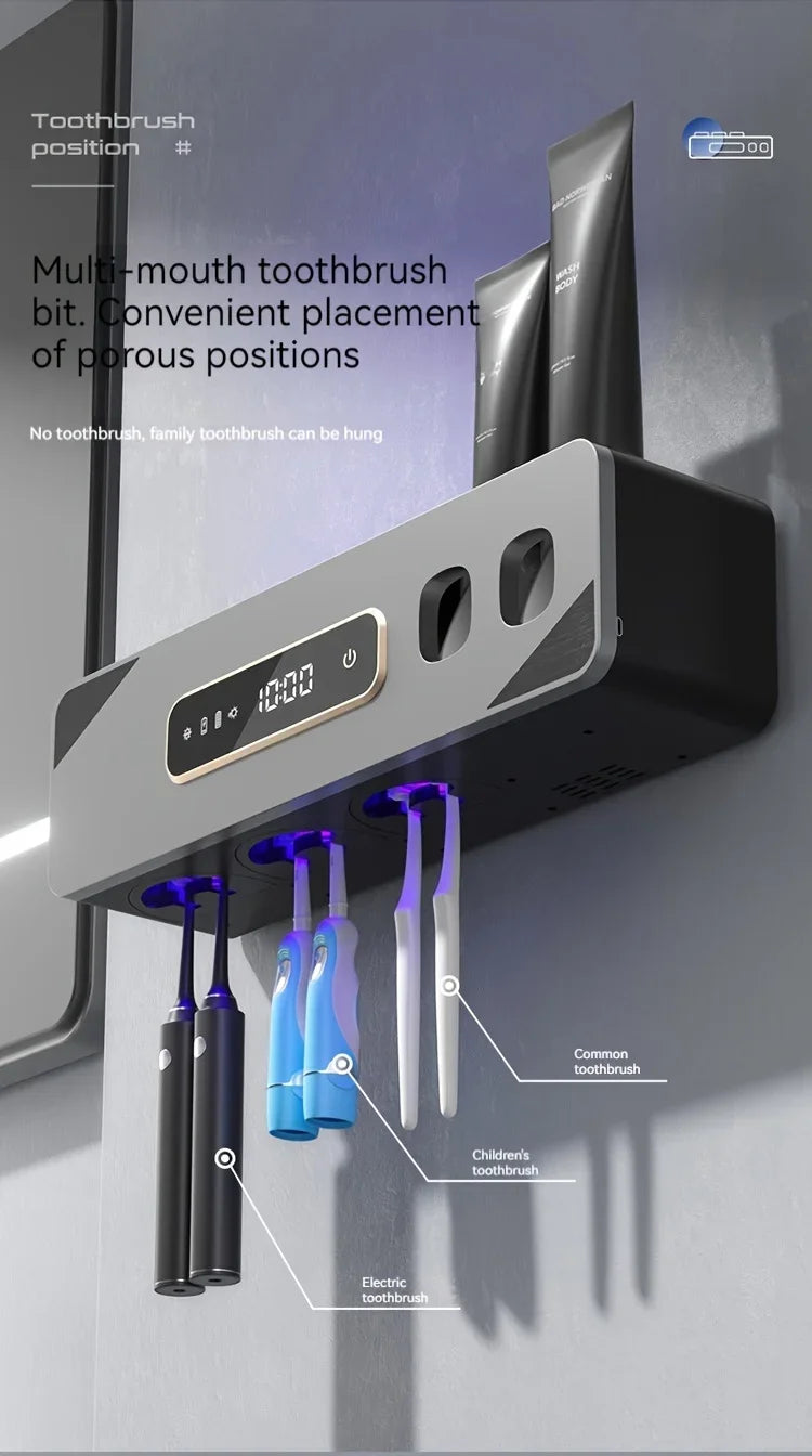 UV Sanitizing Toothbrush Holder, Smart Wall-Mounted Toothbrush Organizer with Automatic Toothpaste Dispenser, USB Charging, Lith