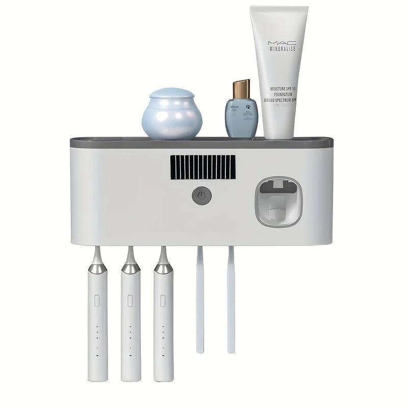 UV Sanitizing Toothbrush Holder, Smart Wall-Mounted Toothbrush Organizer with Automatic Toothpaste Dispenser, USB Charging, Lith